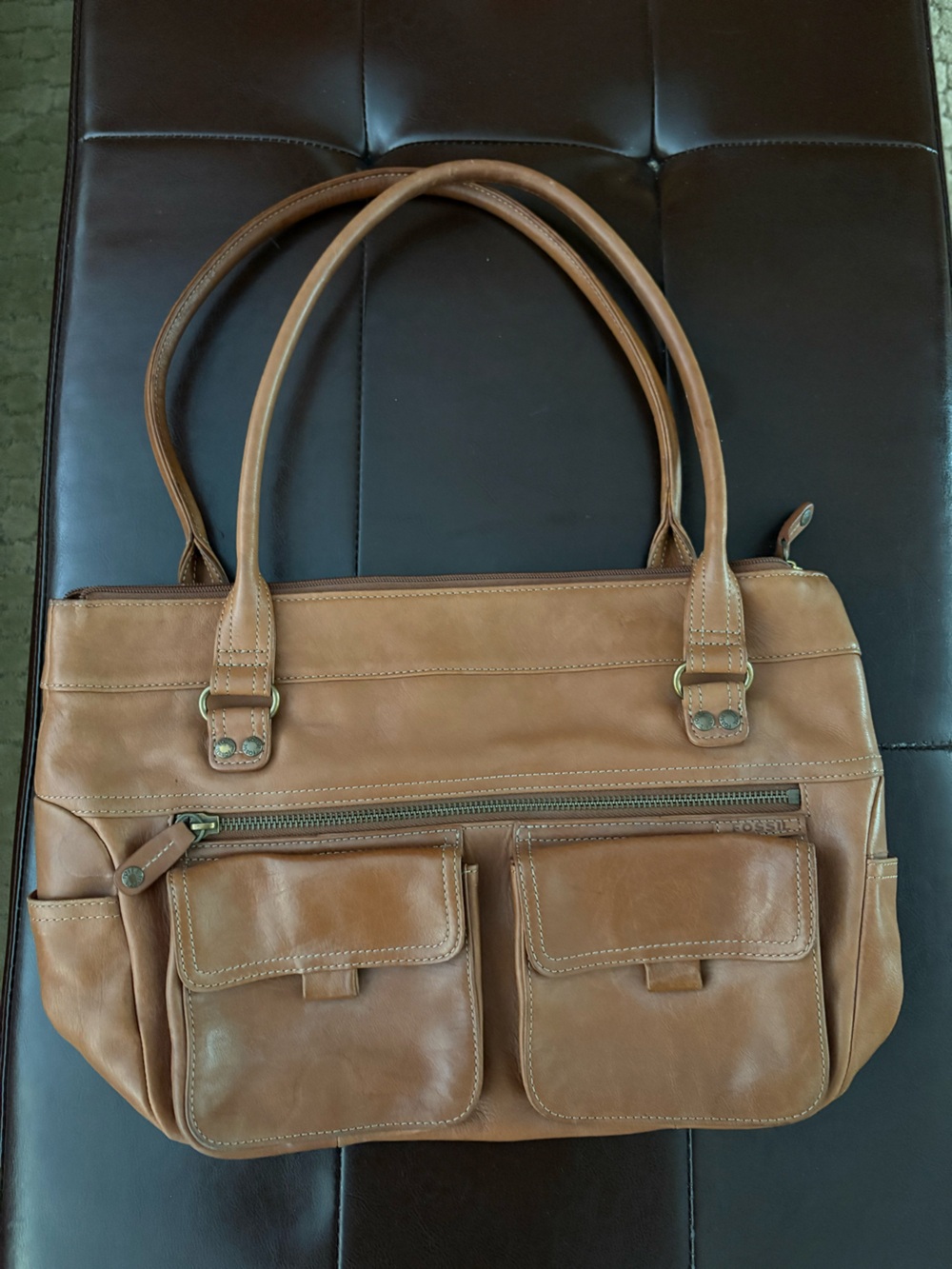 Fossil Tan Leather Shoulder Bag with Pockets